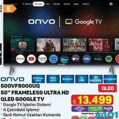 ONVO 500VF9000UQ 50 İNÇ FRAMELESS ULTRA HD QLED GOOGLE TV AKILLI TELEVİZYON